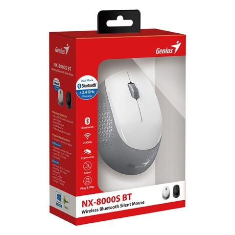 Genius Mysz NX-8000S BT, 1200DPI, Bluetooth a 2,4GHz, optyczna, 3kl., bezprzewodowa, biało-szary, Blue-Eye sensor, symetryczna