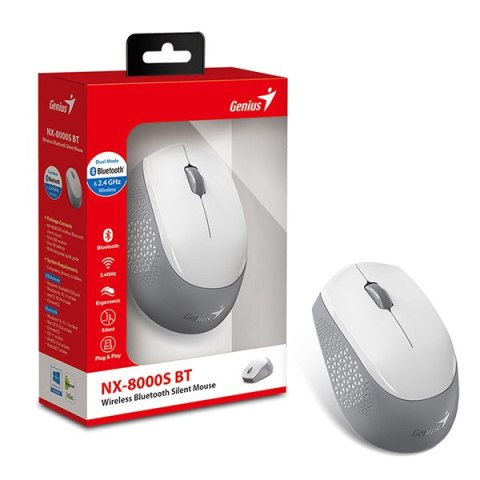 Genius Mysz NX-8000S BT, 1200DPI, Bluetooth a 2,4GHz, optyczna, 3kl., bezprzewodowa, biało-szary, Blue-Eye sensor, symetryczna