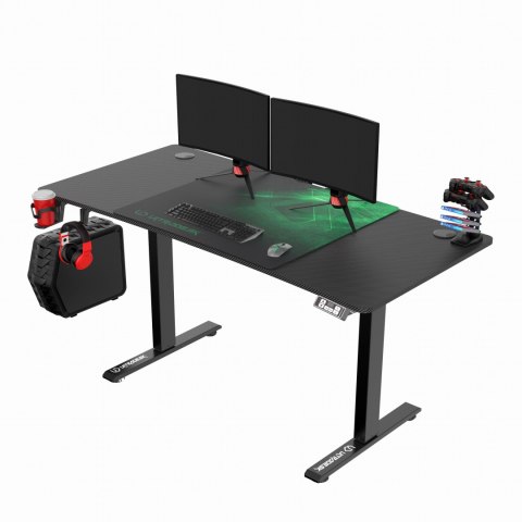 ULTRADESK Biurko dla gracza LEVEL V2 GREEN, 140x68cm, 72-117cm, elektycznie regulowany, z podkładką pod mysz XXL, uchwyt na słuc