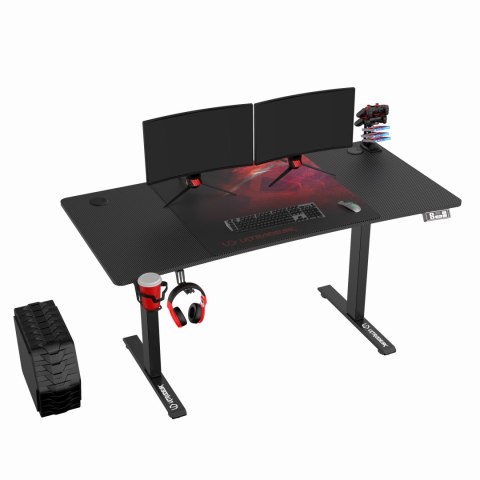 ULTRADESK Biurko dla gracza LEVEL V2 RED, 140x68cm, 72-117cm, elektycznie regulowany, z podkładką pod mysz XXL, uchwyt na słucha