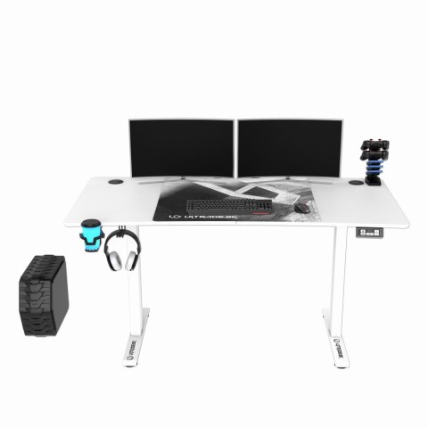 ULTRADESK Biurko dla gracza LEVEL V2 WHITE, 140x68cm, 72-117cm, elektycznie regulowany, z podkładką pod mysz XXL, uchwyt na słuc