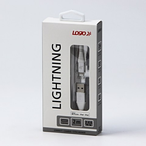 Logo USB kabel (2.0), USB A M - Apple Lightning M, 2m, MFi certifikat, 5V/2,4A, biały, box, oplot nylonowy, aluminiowa osłona zł