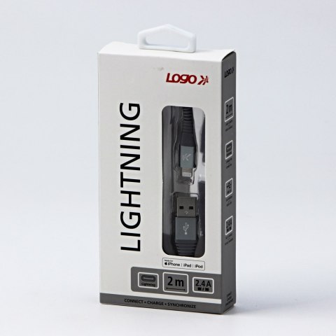 Logo USB kabel (2.0), USB A M - Apple Lightning M, 2m, MFi certifikat, 5V/2,4A, srebrny, box, oplot nylonowy, aluminiowa osłona 