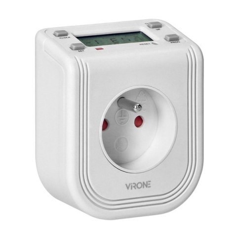Gniazdo z elektronicznym timerem 230V, 50Hz, max. 3680W, biała, Virone, Górny wyświetlacz LCD, 16 programów czas., bateria
