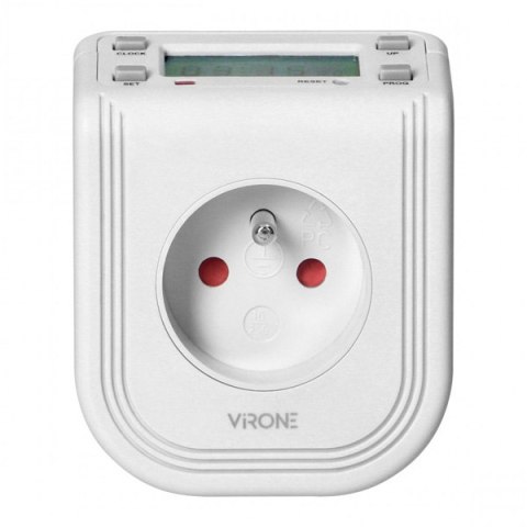 Gniazdo z elektronicznym timerem 230V, 50Hz, max. 3680W, biała, Virone, Górny wyświetlacz LCD, 16 programów czas., bateria