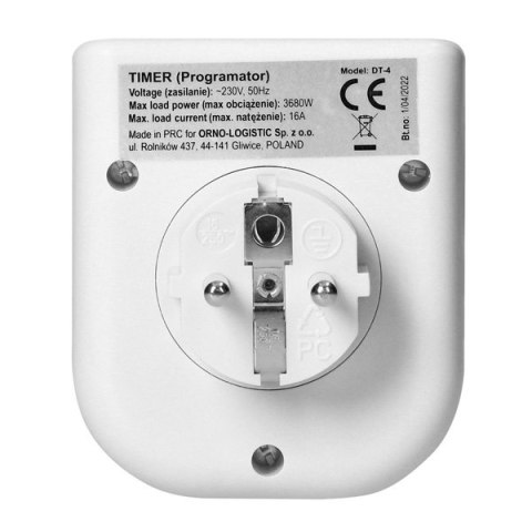 Gniazdo z elektronicznym timerem 230V, 50Hz, max. 3680W, biała, Virone, Górny wyświetlacz LCD, 16 programów czas., bateria