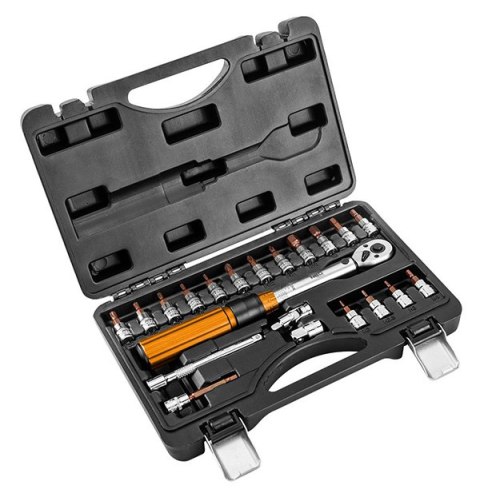 Klucz dynamometryczny z zestawem końcówek08-821, 21 szt, rozmiar 1/4, 5 - 25 Nm, walizka,, NEO TOOLS