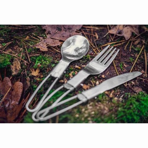 Sztućce turystyczne 3 w 1 turystyka, szara, 63-147, składany uchwyt , praktyczny pokrowiec, Neo Tools