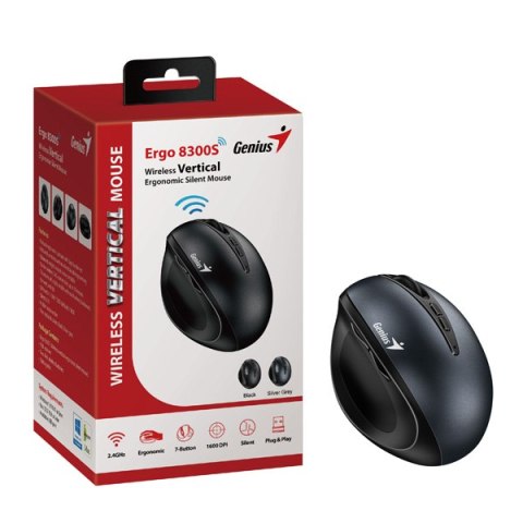 Genius Mysz Ergo 8300S, 1600DPI, 2.4 [GHz], optyczna, 7kl., bezprzewodowa, czarno-szara, 2 szt AAA, wertykalna
