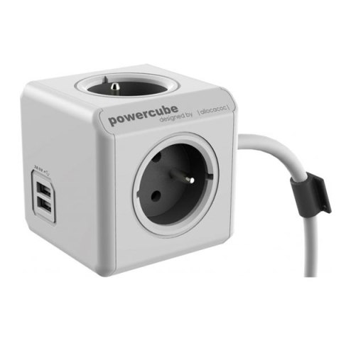 Kabel sieciowy 230V przedłużacz, CEE7 (widelec) - POWERCUBE, 3m, EXTENDED USB, szary, POWERCUBE, 4 gniazdka, zab. przed dziećmi
