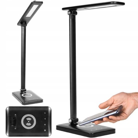 Lampka na biurko, aluminium + ABS, czarna, 390lm, 3 typy oświetlenia, ładowarka bezprzewodowa, IP20