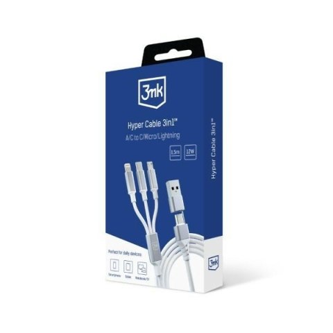3MK Hyper Cable 3w1 USB-A/USB-C - USB-C/Micro/Lightning 1.5m Biały/White Kabel