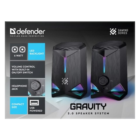 Defender głośniki GRAVITY, 2.0, 6W, czarne, regulacja głośności, podświetlenie, 80Hz~20kHz