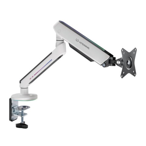 Regulowany uchwyt ULTRADESK OFFSHOOT Single na monitor, 9KG, mocowanie na zacisk, 17"-32", 75x75/100x100, biały