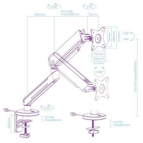 Regulowany uchwyt ULTRADESK OFFSHOOT Single na monitor, 9KG, mocowanie na zacisk, 17"-32", 75x75/100x100, biały