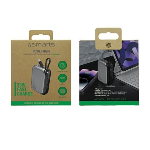 4smarts Powerbank Pocket 10000mAh 30W z wbudowanym kablem USB-C 15cm space grey 540699