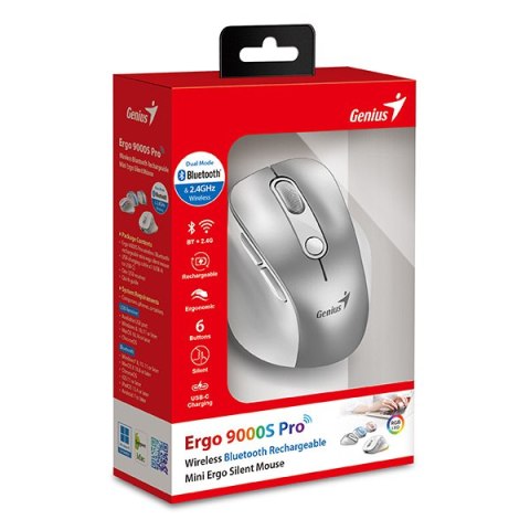 Mysz bezprzewodowa, Genius Ergo 9000S Pro, srebrna, optyczna, 2400DPI