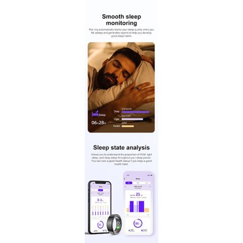 Smart RING złota, pomiar ciśnienia, tętno, monitorowanie snu, 11", Powerton