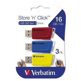 Verbatim USB Pendrive, USB 3.0 (3.2 Gen 1), 16GB, Store N Click, mix kolorów, 49306, USB A, z wysuwanym złączem. 3 szt