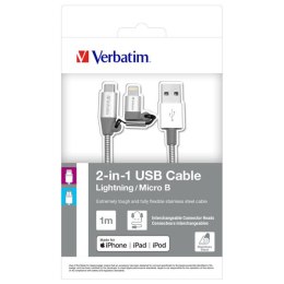 Kabel USB (2.0), USB A M- USB micro M, 1m, 2 srebrny, Verbatim, box, 48869, regulowana końcówka Lightning