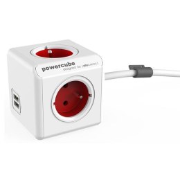 Kabel sieciowy 230V przedłużacz, CEE7 (widelec)-POWERCUBE, 1.5m, EXTENDED USB, czerwony, POWERCUBE, 4 zásuvky, 2xUSB port,dětská