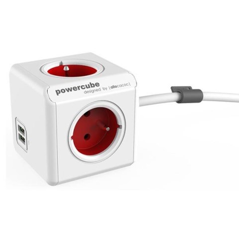 Kabel sieciowy 230V przedłużacz, CEE7 (widelec)-POWERCUBE, 1.5m, EXTENDED USB, czerwony, POWERCUBE, 4 zásuvky, 2xUSB port,dětská