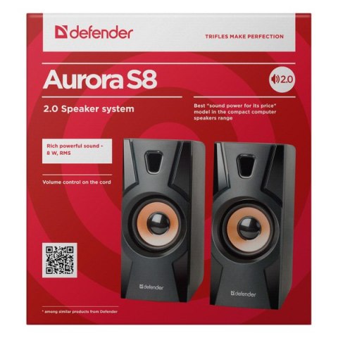 Defender głośniki Aurora S8, 2.0, 8W, czarne, regulacja głośności, 70Hz~20kHz