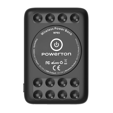 Powerton, powerbank z bezprzewodowym ładowaniem, Li-Pol, 5V, 5000mAh, przyssawki do przytrzymania telefonu, czarna