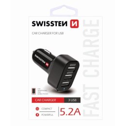 SWISSTEN, Ładowarka samochodowa usb, 3x USB port, 12V, 5V, 5200mA, do ładowania telefonów komórkowych i GPS, czarna