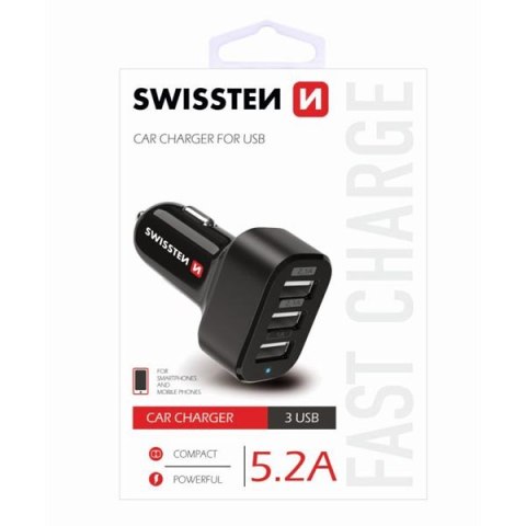 SWISSTEN, Ładowarka samochodowa usb, 3x USB port, 12V, 5V, 5200mA, do ładowania telefonów komórkowych i GPS, czarna