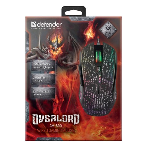 Defender Mysz OverLord GM-890, 3200DPI, optyczna, 6kl., 1 scroll, przewodowa USB, czarna, do gry, RGB