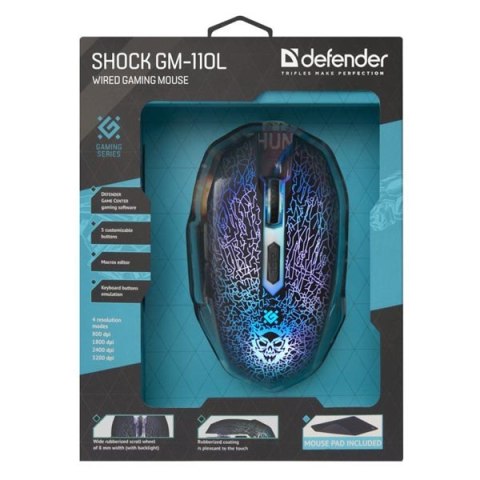 Defender Mysz Shock GM-110L, 3200DPI, optyczna, 6kl., 1 scroll, przewodowa USB, czarna, z podkładką gamingową, podświetlona