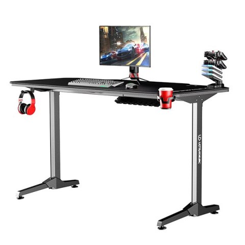 ULTRADESK Biurko dla gracza FRAG - BLACK, 140x66 cm, 76 cm, z XXL podkładką pod mysz, uchwyt na słuchawki i napój