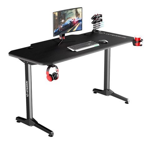 ULTRADESK Biurko dla gracza FRAG - BLACK, 140x66 cm, 76 cm, z XXL podkładką pod mysz, uchwyt na słuchawki i napój