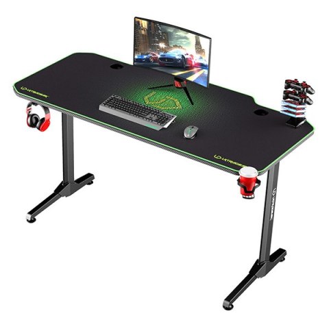 ULTRADESK Biurko dla gracza FRAG - GREEN, 140x66 cm, 76 cm, z XXL podkładką pod mysz, uchwyt na słuchawki i napój