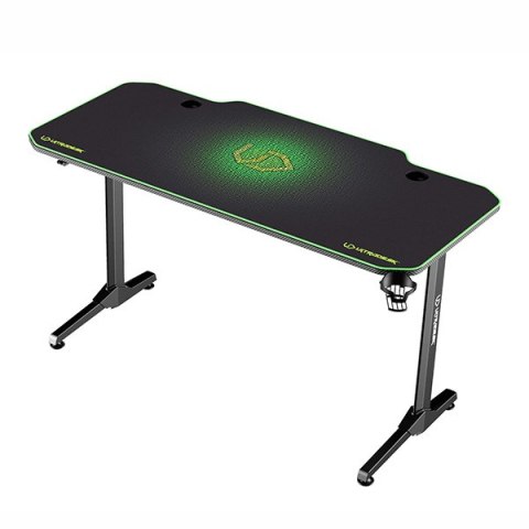 ULTRADESK Biurko dla gracza FRAG - GREEN, 140x66 cm, 76 cm, z XXL podkładką pod mysz, uchwyt na słuchawki i napój
