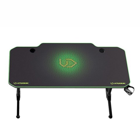 ULTRADESK Biurko dla gracza FRAG - GREEN, 140x66 cm, 76 cm, z XXL podkładką pod mysz, uchwyt na słuchawki i napój