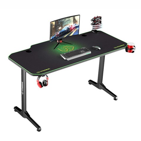 ULTRADESK Biurko dla gracza FRAG - GREEN, 140x66 cm, 76 cm, z XXL podkładką pod mysz, uchwyt na słuchawki i napój