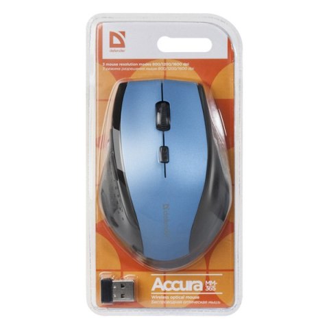Defender Mysz Accura MM-365, 1600DPI, 2.4 [GHz], optyczna, 6kl., 1 scroll, bezprzewodowa, czarno-niebieski, 2 szt AAA, nano odbi