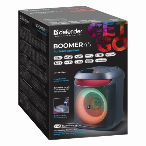 Defender głośnik BOOMER 45, Li-Ion, 1.1, 45W, czarny, regulacja głośności, LED, BT 5.1, TWS, 90Hz-20KHz