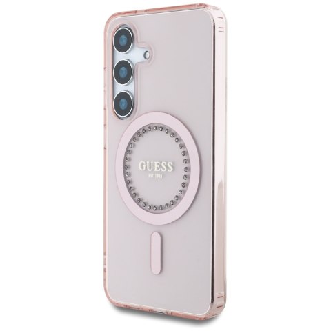 Etui Guess Rhinestones Printed Classic Logo MagSafe Samsung Galaxy S25 różowy