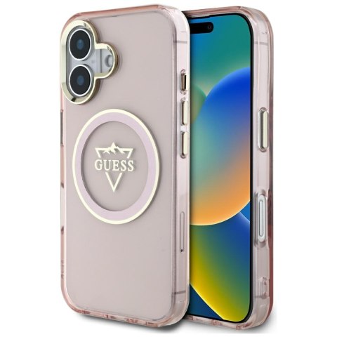 Etui Guess IML Metal Mountain Logo MagSafe do iPhone 16 różowy