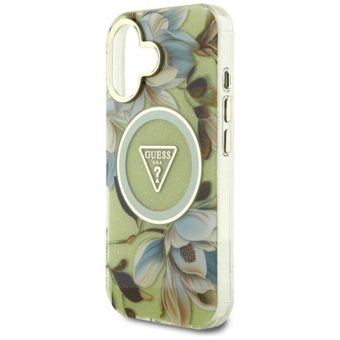 Etui Guess Glitter Flowers Triangle Buttons MagSafe do iPhone 16 zielony
