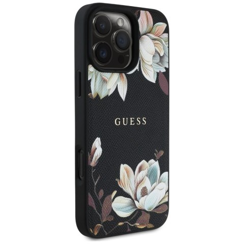 Etui Guess Grained Printed Flower Pattern MagSafe do iPhone 16 Pro Max czarny