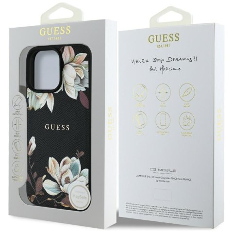 Etui Guess Grained Printed Flower Pattern MagSafe do iPhone 16 Pro czarny