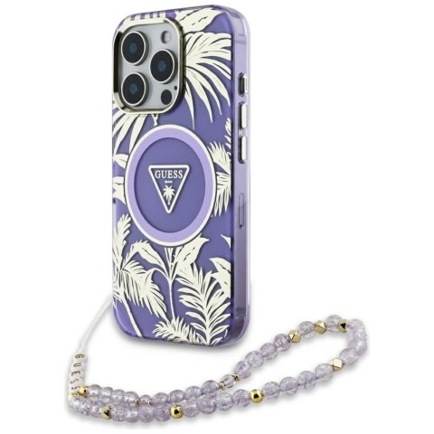 Etui Guess Palm Trees Triangle Pearl Strap MagSafe do iPhone 16 Pro Max fioletowy