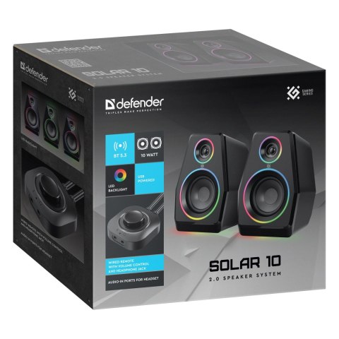 Defender głośniki Solar 10, 2.0, 10W, czarne, Bluetooth 5.3/AUX