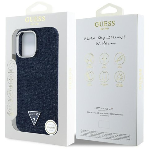 Etui Guess Denim Triangle Logo MagSafe do iPhone 16 Pro niebieski