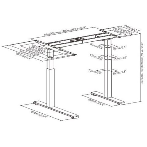 Stelaż rama biurka narożnego, elektycznie regulowany, organizer kabli, system antykolizyjny, biały, 125 kg nośność, Powerton