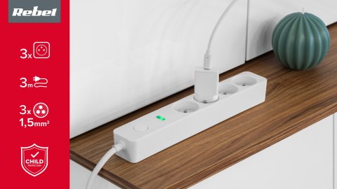 Przedłużacz sieciowy Rebel 4 gniazda z wyłącznikiem - 3m.